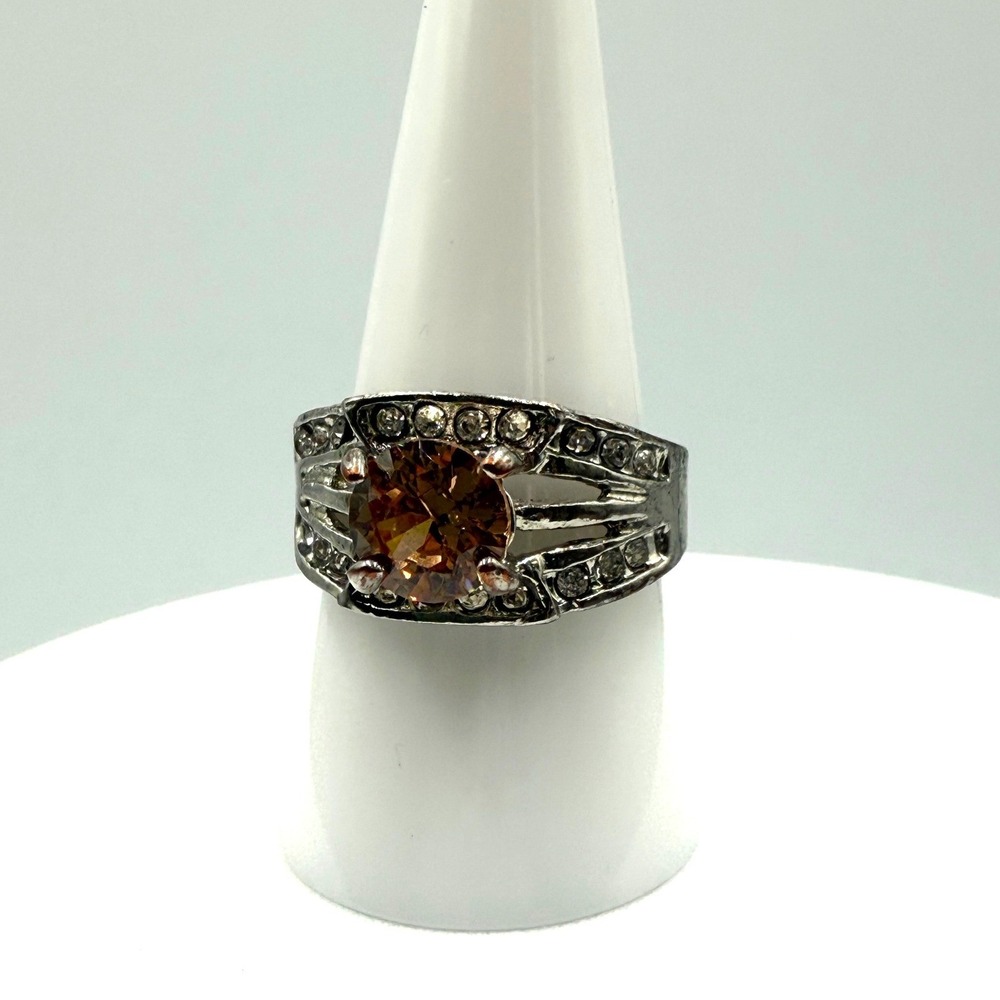Vintage Silver Tone‎ Amber Rhinestone Statement Ring Size 8.5 Split Shank